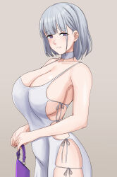 Rule 34 | 1girl, armpit crease, bag, bare arms, bare shoulders, blunt bangs, breasts, choker, collarbone, commentary, cyka, dress, english commentary, from side, girls&#039; frontline, grey background, grey choker, grey dress, grey hair, hair behind ear, half-closed eyes, handbag, head tilt, highres, holding, holding bag, large breasts, looking at viewer, medium hair, open mouth, parted bangs, purple bag, purple eyes, rpk-16 (girls&#039; frontline), side-tie dress, sideboob, sidelocks, simple background, smile, solo, teeth, thighs