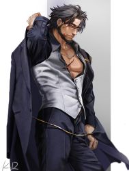 Rule 34 | 1boy, absurdres, alchemy stars, anjingkuxiao, bara, beard, black hair, coat, unworn coat, facial hair, from side, highres, holding, holding clothes, holding coat, large pectorals, male focus, mature male, muscular, muscular male, partially unbuttoned, pectoral cleavage, pectorals, rhein (alchemy stars), short hair, smile, solo