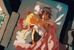Rule 34 | 1boy, 1girl, ahoge, bed, bed sheet, black pants, blonde hair, brown hair, collarbone, closed eyes, facial mark, flower, from above, highres, indoors, kumo02, long hair, low twintails, lying, lying on person, made in abyss, mechanical arms, on back, on bed, open mouth, pants, pillow, regu (made in abyss), riko (made in abyss), shirt, short hair, sleeping, sleeveless, sleeveless shirt, sunlight, twintails, white shirt, window, windowsill