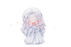 Rule 34 | 1girl, ^ ^, blush, braid, capelet, chibi, chibi only, closed eyes, colored eyelashes, commentary request, drawstring, facing viewer, final fantasy, final fantasy xiv, flower, full body, half updo, highres, hoban rkgk, holding, holding flower, incoming gift, korean commentary, long hair, mask, mask around neck, open mouth, outstretched arm, robe, simple background, single blush sticker, single braid, solo, sophist&#039;s robe (ff14), sparkle, standing, tassel, unworn mask, venat (ff14), wavy hair, white background, white capelet, white flower, white hair, white robe