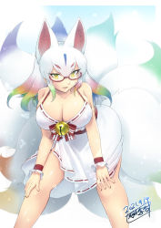 Rule 34 | 1girl, :d, alternate costume, animal ears, barefoot, bell, breasts, commentary request, dated, dress, extra ears, fox ears, fox girl, fox tail, glasses, gradient hair, hair between eyes, hands on own knees, highres, jingle bell, kemono friends, kitsune, kyuubi, kyuubi (kemono friends), large breasts, leaning forward, legs apart, long hair, looking at viewer, multicolored hair, multiple tails, open mouth, rainbow hair, red-framed eyewear, sakuragi rian, semi-rimless eyewear, signature, smile, solo, tail, under-rim eyewear, white dress, white hair, wrist cuffs, yellow eyes