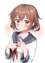 Rule 34 | 1girl, absurdres, anchor symbol, blush, brown eyes, brown hair, collarbone, fang, fang out, hair ornament, hairclip, highres, ikazuchi (kancolle), kantai collection, looking at viewer, neckerchief, nedia (nedia region), penetration gesture, school uniform, serafuku, short hair, solo, upper body