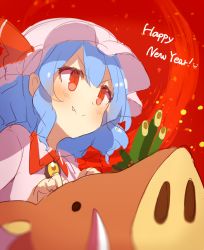 Rule 34 | &gt;:), 1girl, 60mai, blue hair, blush, boar, brooch, commentary request, dress, fang, fang out, happy new year, hat, hat ribbon, jewelry, mob cap, new year, pink dress, pink hat, red background, red eyes, red ribbon, remilia scarlet, ribbon, short hair, sketch, solo, touhou, upper body, v-shaped eyebrows
