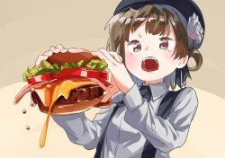 Rule 34 | artist request, bad id, bad pixiv id, beret, black hat, brown eyes, brown hair, burger, burger malfunction, cheese, collared shirt, dot nose, flower, food, hat, hatoba tsugu, highres, holding, holding food, lettuce, long sleeves, meat, medium hair, mole, mole under eye, open mouth, shirt, solo, suspenders, tomato, tsugu (vtuber), upper body, virtual youtuber, white shirt, wing collar