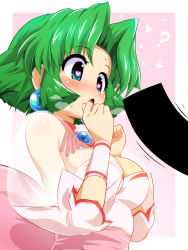 Rule 34 | 1girl, ?, back bow, bar censor, blush, bow, breasts, censored, commentary request, earrings, ellis (toushinden), green eyes, heart, heart-shaped pupils, jewelry, konpeto, necklace, open mouth, parted bangs, see-through, see-through sleeves, sexually suggestive, short hair, sidelocks, simple background, sweat, symbol-shaped pupils, toushinden, wrist cuffs