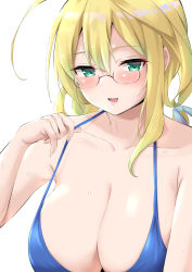 Rule 34 | 1girl, ahoge, bikini, blonde hair, blue bikini, blush, breasts, cleavage, glasses, green eyes, highres, i-8 (kancolle), kantai collection, large breasts, looking at viewer, open mouth, red-framed eyewear, short twintails, simple background, smile, solo, sweat, swimsuit, takomeshi, twintails, upper body, white background