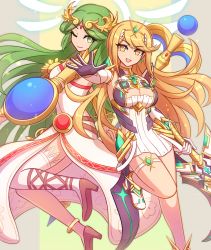 Rule 34 | 2girls, armlet, bare shoulders, belt, blonde hair, breasts, chest jewel, cleavage, cleavage cutout, clothing cutout, dress, earrings, elbow gloves, enni, forehead jewel, gem, gloves, green eyes, green hair, headpiece, high heels, jewelry, kid icarus, kid icarus uprising, large breasts, laurel crown, legs, long hair, long legs, looking at viewer, multiple belts, multiple girls, mythra (xenoblade), necklace, nintendo, open mouth, palutena, pendant, sandals, shield, short dress, side slit, single thighhigh, smile, staff, strapless, strapless dress, super smash bros., swept bangs, sword, thigh strap, thighhighs, thighs, tiara, vambraces, very long hair, weapon, white dress, white footwear, white gloves, white legwear, xenoblade chronicles (series), xenoblade chronicles 2, yellow eyes