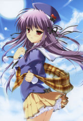 Rule 34 | 1girl, absurdres, blush, clothes lift, cloud, day, exit tunes, hair ribbon, hat, highres, long hair, looking at viewer, mikeou, parted lips, plaid, plaid scarf, pleated skirt, purple eyes, purple hair, ribbon, scarf, school uniform, skirt, skirt lift, sky, solo, wind, wind lift