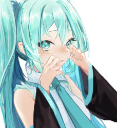 Rule 34 | 1girl, aqua eyes, aqua hair, aqua necktie, blouse, collared shirt, crying, detached sleeves, hatsune miku, highres, long hair, looking at viewer, necktie, number tattoo, shirt, simple background, tattoo, tears, twintails, vocaloid, white background, white shirt, wide sleeves, yukihira makoto