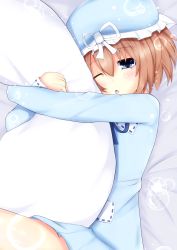 Rule 34 | 10s, 1girl, bad id, bad pixiv id, bed, blanc (neptunia), blue eyes, blush, body pillow, brown hair, bubble, haru blanc0316, hat, highres, looking at viewer, neptune (series), one eye closed, pajamas, pillow, short hair, sleeping, solo, tears