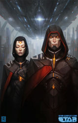 Rule 34 | 1boy, 1girl, armor, artificial eye, asymmetrical clothes, black armor, black bodysuit, body armor, bodysuit, building, closed eyes, commentary, cyborg, english text, glowing, glowing eyes, hand on own chest, hood, jericho (star conflict), kypcaht, light smile, logo, looking at viewer, mechanical eye, mechanical hair, mechanical parts, no pupils, orange eyes, science fiction, standing, star conflict, upper body