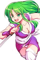 Rule 34 | 1girl, breasts, cleavage, ganbare goemon, green eyes, green hair, japanese clothes, kimono, laco soregashi, large breasts, long hair, low-tied long hair, medium breasts, ninja, open mouth, panties, sash, short kimono, simple background, solo, thighhighs, underwear, very long hair, weapon, white background, white panties, yae (ganbare goemon)