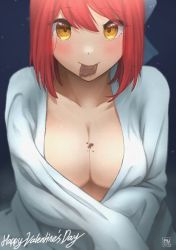 Rule 34 | 1girl, artist request, blush, breasts, chocolate, cleavage, collarbone, happy valentine, kohaku (tsukihime), large breasts, mouth hold, orange eyes, red hair, short hair, smile, solo, tsukihime