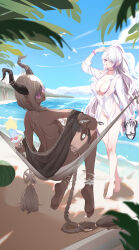 Rule 34 | 2girls, absurdly long hair, absurdres, ankle strap, azur lane, beach, bespectacled, bikini, bird, blue sky, braid, breasts, brown horns, brown sarong, chinese commentary, choker, cleavage, cloud, cocktail glass, collarbone, commentary request, cup, dark-skinned female, dark skin, day, drinking glass, food, food on hand, fruit, full body, glasses, gokusaishouku, gold, hair between thighs, hair over breasts, hair over one breast, hair over one eye, hammock, highres, holding, holding cup, holding sandals, holding spoon, horn ornament, horns, jewelry, large breasts, large horns, long hair, long sleeves, looking at viewer, looking back, low-braided long hair, low-tied long hair, low twin braids, manjuu (azur lane), multi-strapped swimsuit, multicolored hair, multiple girls, official alternate costume, one-piece swimsuit, outdoors, outstretched arm, owari (azur lane), owari (shimmering forsythia) (azur lane), palm leaf, partially unbuttoned, purple-tinted eyewear, purple bikini, purple choker, purple eyes, purple hair, sand, sandals, sarong, scrunchie, see-through, see-through shirt, see-through silhouette, shadow, shirt, sitting, sky, spoon, standing, strawberry parfait, streaked hair, summer, swimsuit, thighlet, tinted eyewear, tongue, tongue out, twin braids, two-tone bikini, two-tone hair, unworn sandals, unzen (azur lane), unzen (sojourn through clear seas) (azur lane), very long hair, water, watermelon, white bikini, white bird, white hair, white one-piece swimsuit, white shirt, wrist scrunchie