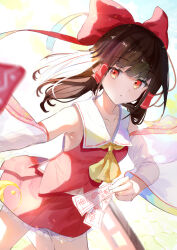Rule 34 | 1girl, ascot, blush, bow, brown hair, collarbone, commentary request, cowboy shot, detached sleeves, floating hair, frilled skirt, frills, hair bow, hair tubes, hakurei reimu, highres, holding, long hair, looking at viewer, navel, parted lips, red bow, red eyes, red skirt, red vest, rei (farta litia), see-through, see-through sleeves, skirt, skirt set, solo, touhou, vest, white sleeves, yellow ascot