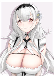 Rule 34 | + +, 1girl, absurdres, azur lane, black headdress, breasts, cleavage, cleavage cutout, clothing cutout, comotaro, cross-shaped pupils, dress, elbow gloves, flower, frilled dress, frills, gloves, grey hair, hair between eyes, hair flower, hair ornament, highres, large breasts, long hair, looking at viewer, low twintails, maid, maid headdress, parted lips, red eyes, scylla (azur lane), sidelocks, simple background, smile, solo, symbol-shaped pupils, twintails, upper body, white dress, white flower, white gloves, white hair