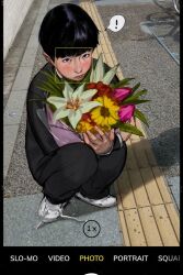Rule 34 | !, 1boy, black hair, black shirt, blush, bouquet, closed mouth, english text, flower, from above, highres, holding, holding bouquet, kageyama shigeo, long sleeves, looking at viewer, male focus, mob psycho 100, photo background, school uniform, shadow, shirt, shoes, short hair, sneakers, speech bubble, spoken exclamation mark, squatting, tactile paving, vats9underscore9, viewfinder