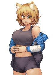 Rule 34 | 1girl, absurdres, alternate costume, animal ear fluff, animal ears, bare shoulders, bike shorts, blonde hair, breasts, chanta (ayatakaoisii), collarbone, cowboy shot, extra ears, fox ears, highres, jacket, large breasts, long sleeves, looking at viewer, midriff, navel, no tail, off shoulder, open clothes, open jacket, open mouth, orange eyes, own hands together, shorts, sidelocks, simple background, slit pupils, solo, sports bra, sportswear, stomach, touhou, white background, yakumo ran