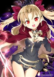 Rule 34 | 1girl, :d, cape, commentary request, cowboy shot, earrings, ereshkigal (fate), fate/grand order, fate (series), hair ribbon, head tilt, highres, jewelry, light brown hair, long hair, looking at viewer, naitou ryuu, necklace, open mouth, red eyes, ribbon, skull necklace, smile, solo, sparkle, teeth, tiara, tohsaka rin, twitter username, two side up, upper teeth only, very long hair