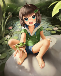 Rule 34 | 1girl, :d, absurdres, animal, animal on hand, bare legs, barefoot, child, commentary, crumbles, drawstring, english commentary, feet, freckles, frog, full body, green eyes, green hoodie, hair bobbles, hair ornament, highres, hood, hoodie, indie virtual youtuber, lily hopkins, lily pad, looking at viewer, open mouth, outdoors, pond, rock, short sleeves, shorts, sitting, smile, solo, toenails, toes, virtual youtuber