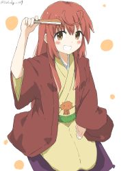 Rule 34 | 1girl, absurdres, ahoge, blush, brown eyes, buratei marii, clenched teeth, commentary, cynical (llcbluckg c004), grin, hand fan, haori, highres, holding, holding fan, japanese clothes, joshiraku, kimono, long hair, long sleeves, looking at viewer, red hair, simple background, sitting, smile, solo, teeth, twitter username, white background, wide sleeves, yellow kimono