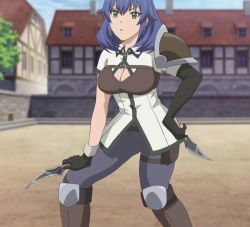 Rule 34 | 1girl, blue hair, breasts, celes (kemonomichi), cleavage, dagger, green eyes, hataage! kemono michi, knife, large breasts, screencap, solo, stitched, third-party edit, weapon
