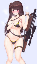 Rule 34 | 1girl, bare arms, bare legs, bare shoulders, bikini, bikini top only, blue background, blush, breasts, brown bikini, brown hair, bullpup, collarbone, feet out of frame, girls&#039; frontline, gun, hand on own chest, highres, holding, holding bikini, holding bikini top, holding clothes, holding swimsuit, holding weapon, jewelry, large breasts, long hair, looking at viewer, navel, pao mian+dan, parted lips, purple eyes, rifle, ring, side ponytail, sideboob, simple background, sniper rifle, solo, standing, sweat, swimsuit, thigh strap, underboob, wa2000 (girls&#039; frontline), walther, walther wa 2000, weapon, zipper pull tab
