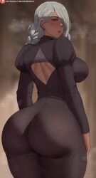 Rule 34 | 1girl, ai-assisted, ass, back cutout, black dress, blurry, blurry background, blush, braid, breasts, clothing cutout, commentary, cowboy shot, dress, from behind, grey hair, hair over one eye, heavy breathing, highres, jujutsu kaisen, juliet sleeves, large breasts, long sleeves, looking at viewer, looking back, low twin braids, mei mei (jujutsu kaisen), oroborus, parted lips, patreon logo, patreon username, puffy sleeves, purple eyes, shoulder blades, solo, teeth, twin braids, upper teeth only, watermark, web address