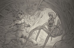 Rule 34 | 1boy, 1girl, collarbone, insect girl, karbo, loincloth, looking at viewer, midriff, monochrome, monster boy, monster girl, navel, polearm, shirt, short hair, silk, smile, spear, spider girl, spider web, taur, weapon