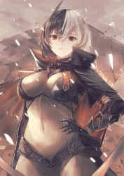 Rule 34 | 1girl, armored gloves, azur lane, black cape, black gloves, black hair, bodystocking, breasts, bruenhilde (azur lane), cape, covered navel, gloves, hair between eyes, hand on own hip, high collar, highres, impossible clothes, large breasts, multicolored hair, red eyes, sea nami, solo, split-color hair, two-tone hair, white hair