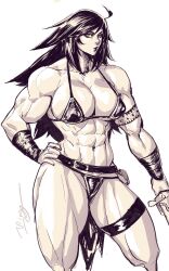 Rule 34 | 1509virgoart, 1girl, abs, ahoge, armlet, armor, belt, bikini armor, bracer, breasts, frown, hand on own hip, highres, holding, holding weapon, large breasts, long hair, looking at viewer, muscular, muscular female, original, signature, solo, sword, thick thighs, thighs, weapon, yellow eyes