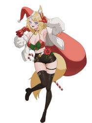 Rule 34 | 1girl, :d, absurdres, animal ear fluff, animal ears, arknights, bell, black skirt, black thighhighs, blonde hair, blue eyes, bra, breasts, candy, candy cane, collar, flower, food, fox ears, fox girl, fox tail, gloves, hat, highres, holding, holding sack, jacket, large breasts, looking at viewer, navel, neck bell, open clothes, open jacket, open mouth, raydac, red bra, red collar, red flower, red gloves, red hat, sack, santa costume, simple background, skirt, smile, solo, standing, standing on one leg, star (symbol), tail, teeth, thigh strap, thighhighs, thighs, underwear, upper teeth only, whislash (arknights), white background, white jacket