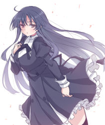 Rule 34 | 1girl, absurdres, ahoge, arm at side, assault lily, black hair, black ribbon, black skirt, black thighhighs, breasts, buttons, closed mouth, cowboy shot, cropped jacket, dutch angle, floating hair, frilled skirt, frills, hair between eyes, hand on own chest, hand up, high-waist skirt, highres, jewelry, juliet sleeves, large breasts, light blush, long hair, long sleeves, looking at viewer, miniskirt, neck ribbon, puffy sleeves, purple eyes, ribbon, ring, school uniform, shirai yuyu, sidelocks, simple background, sketch, skirt, solo, standing, thighhighs, very long hair, white background, yunodon (sugar maple), yurigaoka girls academy school uniform