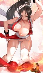 Rule 34 | 1girl, absurdres, armpits, bare shoulders, breasts, brown eyes, brown hair, collarbone, fatal fury, female focus, fire, high ponytail, highres, japanese clothes, large breasts, long hair, looking at viewer, matching hair/eyes, ninja, nipples, panties, ponytail, revealing clothes, shiranui mai, smile, snk, solo, the king of fighters, thighs, underwear, white panties, yoshio (55level)