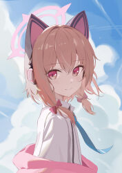 Rule 34 | 1girl, absurdres, animal ear headphones, animal ears, blue archive, blue necktie, blue sky, blush, bow, brown hair, cat ear headphones, closed mouth, cloud, cloudy sky, collared shirt, commentary request, day, fake animal ears, from side, hair between eyes, hair bow, halo, headphones, highres, long sleeves, looking at viewer, momoi (blue archive), necktie, outdoors, pink bow, pink eyes, pink halo, shirt, short hair, sidelocks, sky, smile, solo, standing, suspenders, user cthg5453, white shirt