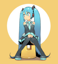 Rule 34 | 1girl, chan co, detached sleeves, full body, green hair, hatsune miku, long hair, sitting, solo, thighhighs, twintails, very long hair, vocaloid