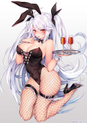 Rule 34 | 1girl, animal ears, artist name, azur lane, black ribbon, bow, bowtie, breasts, cross, cross earrings, cup, drink, drinking glass, earrings, fake animal ears, fishnet legwear, fishnets, frilled legwear, frills, gradient background, hair between eyes, hair ribbon, high heels, highres, holding, holding tray, jewelry, lace-up top, large breasts, legs folded, leotard, long hair, looking at viewer, obiwan, orange eyes, playboy bunny, prinz eugen (azur lane), rabbit ears, rabbit tail, ribbon, silver hair, simple background, tail, thigh strap, tongue, tongue out, tray, twintails, two side up, very long hair, white wrist cuffs, wine glass, wrist cuffs