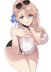 Rule 34 | 1girl, absurdres, aqua eyes, azur lane, bare shoulders, blonde hair, blush, breast suppress, breasts, cleavage, closed mouth, collarbone, earrings, hair ornament, hair over shoulder, highres, hood (azur lane), hood (lady of the shining sun) (azur lane), jewelry, large breasts, lips, long hair, looking at viewer, milksasa, official alternate costume, smile, tilted headwear, white headwear