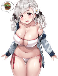 Rule 34 | 1girl, bare shoulders, bikini, black ribbon, blush, breasts, cleavage, collarbone, commentary, cowboy shot, curvy, food, girls&#039; frontline, gluteal fold, hair ribbon, highres, jacket, large breasts, long hair, looking at viewer, navel, official alternate costume, open mouth, red eyes, ribbon, shiny skin, side-tie bikini bottom, silver hair, simple background, solo, spas-12 (girls&#039; frontline), spas-12 (midsummer fruit) (girls&#039; frontline), spoken food, stomach, swept bangs, swimsuit, symbol-only commentary, tem10, thighs, twintails, white background, white bikini, white jacket