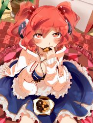 Rule 34 | 1girl, blush, breasts, bunsuke, cleavage, eating, female focus, hair bobbles, hair ornament, headphones, highres, medium breasts, onozuka komachi, red eyes, red hair, short hair, solo, touhou, twintails, two side up