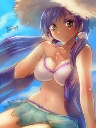 Rule 34 | 10s, 1girl, 2014, arm support, bare shoulders, between breasts, bikini, bikini skirt, breasts, card, card between breasts, dated, day, green eyes, hat, large breasts, long hair, looking at viewer, love live!, love live! school idol project, purple hair, sitting, smile, solo, stomach, straw hat, swimsuit, tojo nozomi, twintails, white bikini, yumi yumi