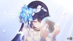 Rule 34 | 2girls, absurdres, bare shoulders, chinese commentary, closed mouth, detached sleeves, flower, hair flower, hair ornament, highres, holding orb, honkai (series), honkai impact 3rd, logo, long hair, multiple girls, official art, official wallpaper, seele (alter ego), seele vollerei, seele vollerei (herrscher of rebirth), seele vollerei (starchasm nyx), smile, solo focus, upper body