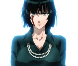 Rule 34 | 1girl, blood, blood on face, breasts, cleavage, close-up, collared dress, dress, fubuki (one-punch man), green dress, green eyes, green hair, highres, large breasts, lips, one-punch man, screencap, short hair, stitched, third-party edit, white background