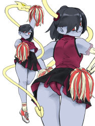 Rule 34 | 1girl, absurdres, ass, blouse, blue skin, cheerleader, colored skin, hair over one eye, highres, midriff peek, multiple views, pom pom (cheerleading), red shirt, shirt, shoes, simple background, skirt, skullgirls, sleeveless, sleeveless shirt, socks, squigly (skullgirls), stitched mouth, stitches, toshinoshin, underwear, white background, zombie