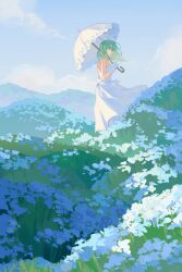 Rule 34 | 1girl, back bow, bare shoulders, blue flower, blue sky, bow, breasts, byleth (female) (fire emblem), byleth (fire emblem), cloud, cloudy sky, dress, enlightened byleth (female), field, fire emblem, fire emblem: three houses, flower, flower field, gloves, green eyes, green hair, hair between eyes, highres, hill, holding, holding umbrella, kyounatsuuu, long dress, long hair, looking at viewer, medium breasts, mountain, nintendo, parasol, sky, solo, strapless, strapless dress, sundress, umbrella, white dress, white gloves, white umbrella, wind