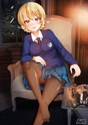 Rule 34 | 1girl, armchair, artist name, black neckwear, black pantyhose, blonde hair, blue eyes, blue skirt, blue sweater, blush, braid, breasts, chair, commentary, darjeeling (girls und panzer), dress shirt, emblem, girls und panzer, half-closed eyes, highres, indoors, knee up, leaning to the side, long sleeves, looking at viewer, medium breasts, megadeko, miniskirt, necktie, night, night sky, no shoes, open mouth, pantyhose, pleated skirt, school uniform, shirt, short hair, signature, sitting, skirt, sky, smile, st. gloriana&#039;s (emblem), st. gloriana&#039;s school uniform, star (sky), starry sky, sweater, teapot, tray, twin braids, twitter username, v-neck, white shirt, window, wing collar