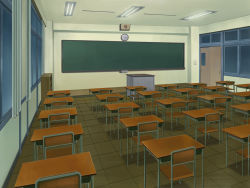 Rule 34 | chair, chalkboard, classroom, clock, desk, door, fluorescent lamp, indoors, no humans, room, roomscape, scenery, school, school desk, still life, window
