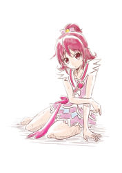 Rule 34 | 1girl, adapted costume, aida mana, barefoot, bow, brooch, collarbone, cosplay, cure heart, cure heart (cosplay), dokidoki! precure, full body, hair between eyes, hair bow, heart, heart brooch, miniskirt, nita (onakatohoppe), one side up, pink bow, pink shirt, pink skirt, precure, red eyes, red hair, shirt, short hair, simple background, sitting, skirt, sleeveless, sleeveless shirt, solo, white background