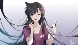 Rule 34 | 1girl, absurdres, black hair, collarbone, cosmetics, floating hair, gradient background, highres, holding, lipstick, lipstick tube, long hair, looking at viewer, makeup, meitantei conan, mouri ran, one eye closed, purple eyes, purple shirt, red lips, shirt, short sleeves, solo, suyi-j, upper body, very long hair, white background
