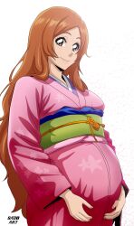 Rule 34 | 1girl, absurdres, artist name, big belly, bleach, brown eyes, brown hair, commentary, english commentary, hands on own stomach, head tilt, highres, inoue orihime, japanese clothes, kimono, long hair, looking at viewer, mixed-language commentary, obi, parted bangs, pink kimono, pregnant, sado art, sash, smile, solo, very long hair, white background, yukata